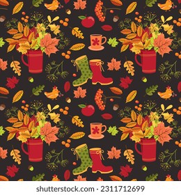 Seamless pattern with a bouquet of autumn leaves in a cup and Coffe cup. Rain boots. Autumn mood vector illustration. Ready for textile and fabrics. Dark background.
