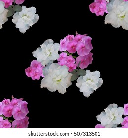 Seamless pattern with bouquet of azaleas and phlox on black background. Vector illustration.