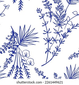 Seamless pattern with bouquet of Blue Herbs on white background. Chinoiserie inspired.