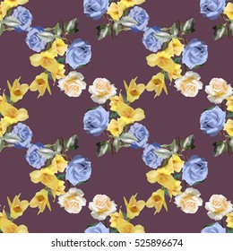 Seamless pattern with bouquet of blue and white roses and yellow gladiolus on brown  background. Vector illustration.