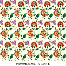 Seamless pattern with a bouquet of bright colors of flowers in a folk style