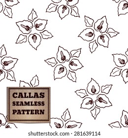 Seamless pattern with bouquet of callas and cardboard label