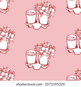 Seamless pattern with bouquet and coffee cup to go