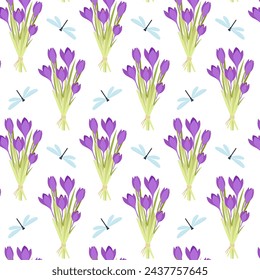 Seamless pattern with a bouquet of crocuses and a dragonfly. Spring pattern on a transparent background. Pattern in flat style for textile, paper or packaging.