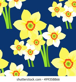 seamless pattern bouquet of daffodils flower on a blue background vector illustration
