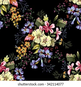 seamless pattern of bouquet of decorative flowers on a black background