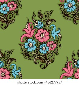 Seamless pattern of bouquet of decorative flowers on a green background
