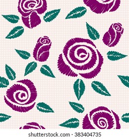 Seamless pattern with bouquet of embroidered roses (satin stitch)