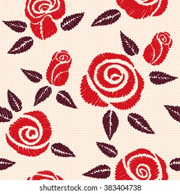 Seamless pattern with bouquet of embroidered roses (satin stitch)
