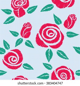 Seamless pattern with bouquet of embroidered roses (satin stitch)