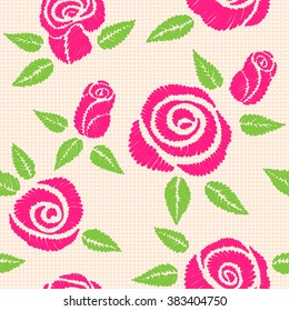 Seamless pattern with bouquet of embroidered roses (satin stitch)