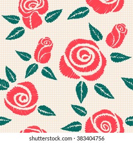 Seamless pattern with bouquet of embroidered roses (satin stitch)