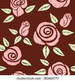 Seamless pattern with bouquet of embroidered roses (satin stitch)