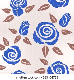 Seamless pattern with bouquet of embroidered roses (satin stitch)
