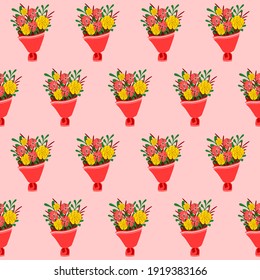 Seamless pattern bouquet of flowers and branches with leaves isolated on background. For wrapping, fabric, web, wallpaper, wedding, textile, 8 march, mother's or women's day, celebration, valentine's.