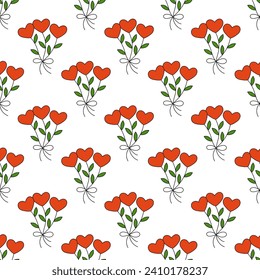 Seamless Pattern with Bouquet of flowers in the shape of hearts and leaves. Valentine Day background. Vector cartoon flat illustration.