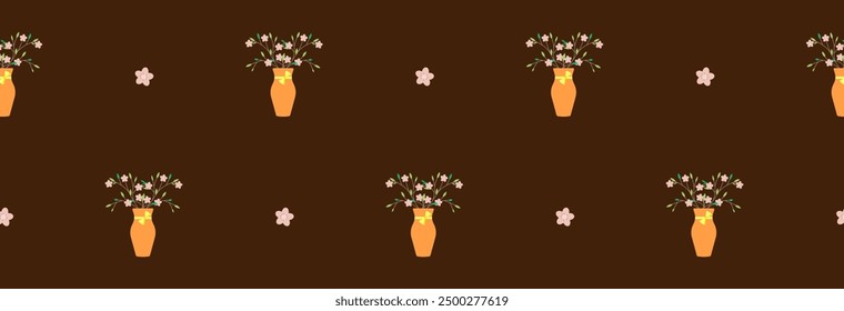 Seamless pattern with a bouquet of flowers in a vase. For fabric design, cover, background, packaging. Vector graphics 