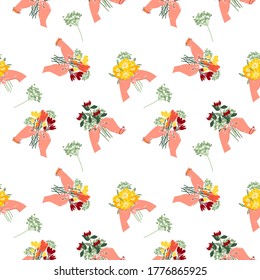 Seamless pattern of a bouquet of flowers in your hands. Summer flowers on a white isolated background. Stylish flower patterns for decoration. Vector.