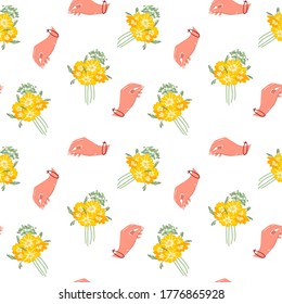 Seamless pattern of a bouquet of flowers in your hands. Summer flowers on a white isolated background. Stylish flower patterns for decoration. Vector.