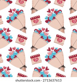 Patrón Sin Costuras Con Ramo De Corazones Y Calendario Marcado El 14 De Febrero En Estilo Plano. Textura floral de la fecha del día de San Valentín para la tela, el fondo, el empaquetado, el Fondo de pantalla y el diseño superficial.