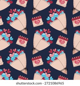 Patrón Sin Costuras Con Ramo De Corazones Y Calendario Marcado El 14 De Febrero En Estilo Plano. Textura floral de la fecha del día de San Valentín para la tela, el fondo, el empaquetado, el Fondo de pantalla y el diseño superficial