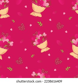 Seamless pattern with bouquet of hearts on pink background. Design for Valentines Day, Womans Day, Mothers Day, Birthday.