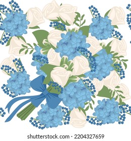 Patrón sin inconfundibles Bouquet de flores hidrangea con rosa envuelto en papel con una ilustración vectorial de cinta azul sobre fondo blanco