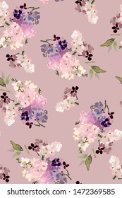 Seamless pattern with a bouquet of hydrangeas in a watercolor style.