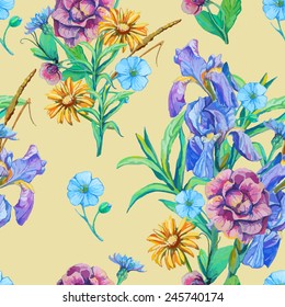 seamless pattern of bouquet of iris, forget-me-not and cichorium