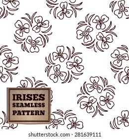 Seamless pattern with bouquet of irises and cardboard label