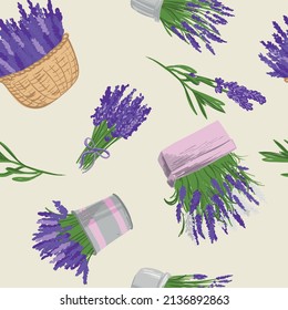Seamless pattern with bouquet of lavender. Background for wrapping paper, textile, fabric, clothes, stationery, socks and other designs.