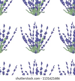 Seamless pattern of bouquet of lavender flowers on a white background.Floral pattern with Lavender for packing. Stock vector