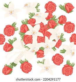 Seamless pattern Bouquet of lily flowers with rose wrapped in paper with a white ribbon vector illustration on white background