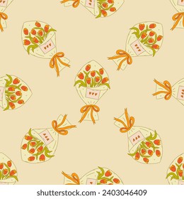 Seamless pattern. Bouquet of orange tulips in kraft packaging, tied with ribbon. Love note is pinned to paper. Colorful vector illustration hand drawn. Beautiful spring flowers, print for wrapping