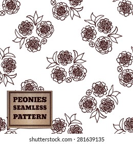 Seamless pattern with bouquet of peonies and cardboard label