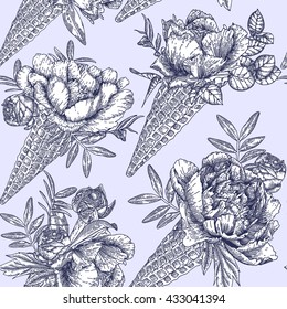 Seamless pattern. Bouquet of peonies in a waffle cone. Vector illustration of flowers. Can be used for gift wrapping paper and other backgrounds.