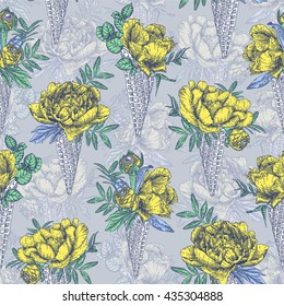Seamless pattern. Bouquet of peonies in a waffle cone. Vector illustration of flowers. Can be used for gift wrapping paper and other backgrounds.
