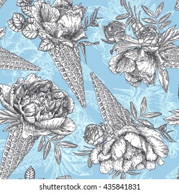 Seamless pattern. Bouquet of peonies in a waffle cone. Vector illustration of flowers. Can be used for gift wrapping paper and other backgrounds.