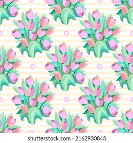 Seamless pattern with a bouquet of pink tulips. For the design of wallpapers, backgrounds, fabric, wrapping paper and so on. Vector