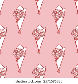 Seamless pattern with bouquet in red, pink and white colors