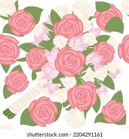 Patrón inmaculado Bouquet de flores rosadas envueltas en papel con una ilustración vectorial de cinta roja sobre fondo blanco