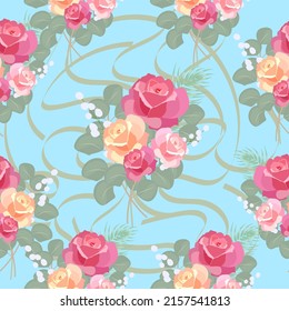 Nahtloses Muster mit Bouquetrosen und Eukalyptusblättern, Vektorhintergrund, Pflanzen, botanisches Design für Mode, Stoff, Tapeten