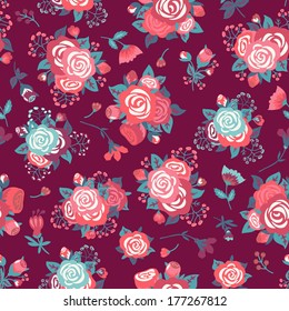 Seamless pattern with a bouquet of roses on a dark background. Vector floral background.