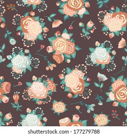 Seamless pattern with a bouquet of roses on a dark background. Vector floral background.