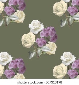 Seamless pattern with bouquet of roses and phlox on green background. Vector illustration.