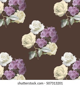 Seamless pattern with bouquet of roses and phlox on brown background. Vector illustration.