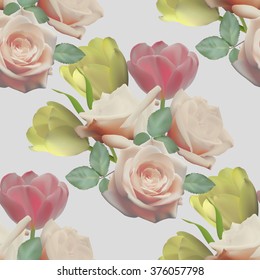 Seamless pattern with bouquet of roses and tulips on ligth gray background. Vector illustration.