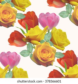 Patrón sin inconvenientes con ramo de rosas y tulipanes sobre fondo blanco. Ilustración vectorial.
