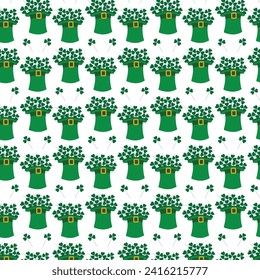 Seamless pattern of Bouquet of shamrocks in leprechaun hat with buckle on ribbon. St. Patricks field