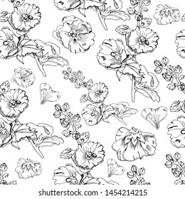 Seamless pattern with  bouquet and single flowers of mallow and leaves. Hand drawn ink sketch. Black elements of malva flowers isolated on white background. Vector illustration.
